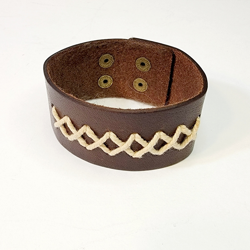 Boho Wide Leather Bracelet With Cream Stitching, Brass Buttons